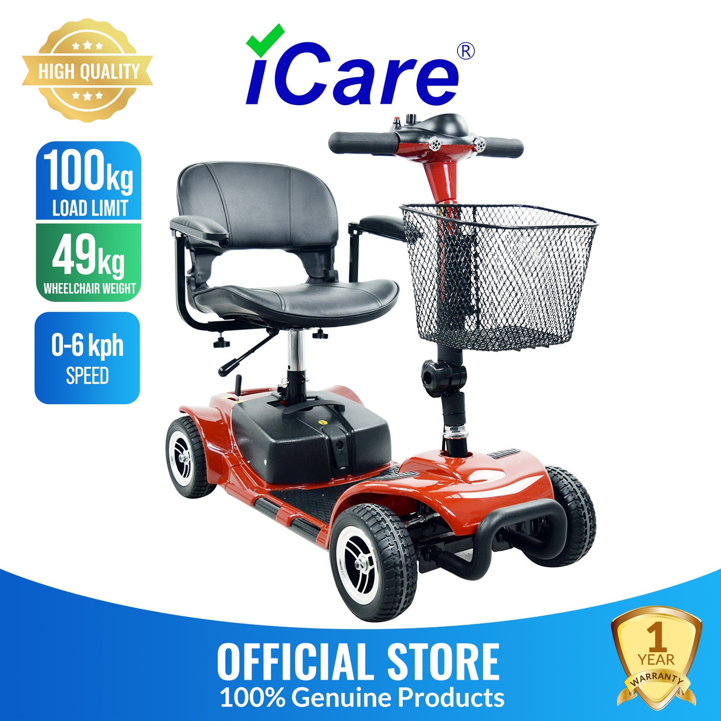iCare® EB690 Electric Mobility Scooter - Wheelchair (100kg Load Limit, 50kg Wheelchair Weight)