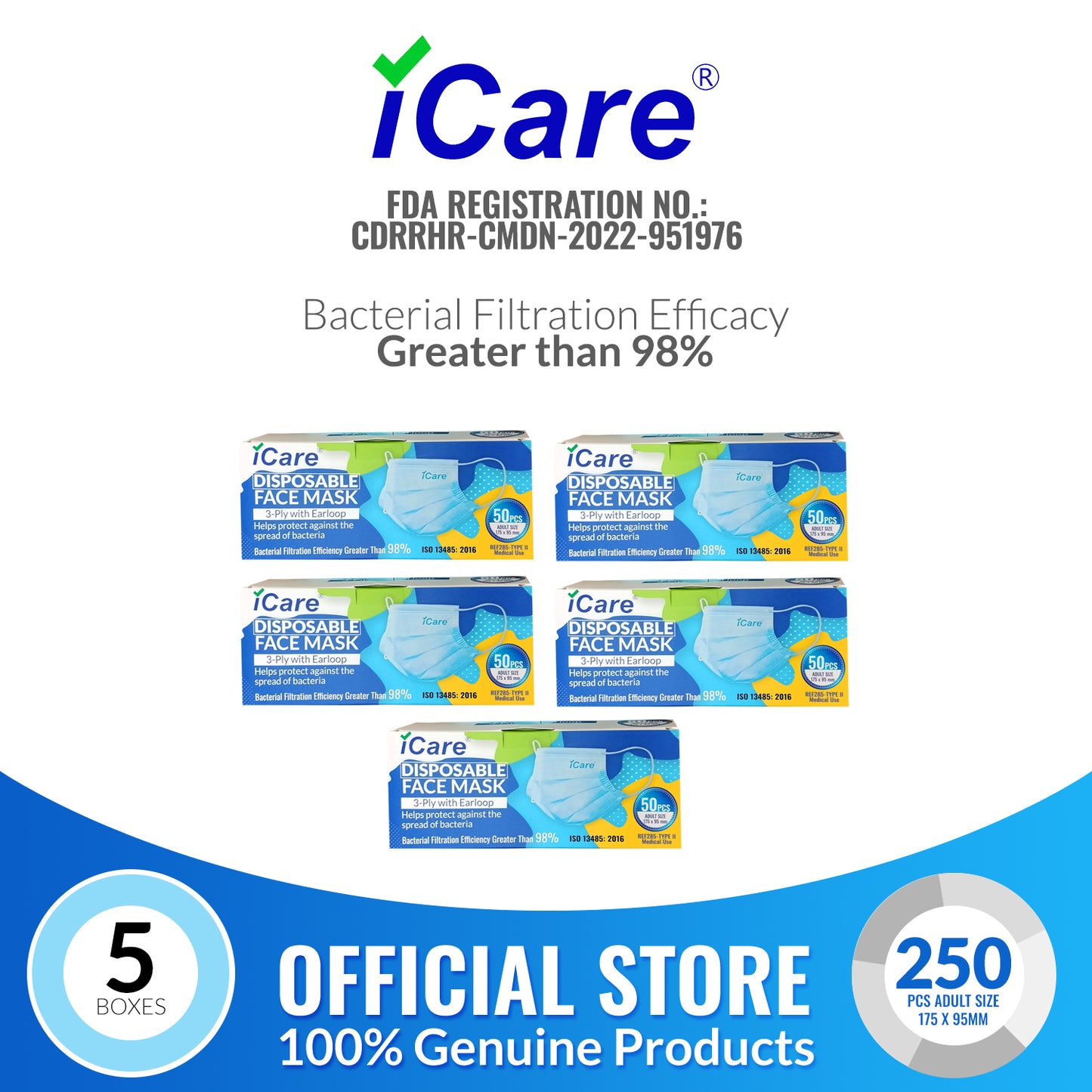 iCare® REF285 Disposable Face Mask ( Type II For Medical Use) 5 Boxes(250pcs) with Comfortable Elastic Earloop and Embedded Nose Clip Design, 3ply Breathable Melt-Blown and Non-Woven Fabric for Home, Office and Outdoor