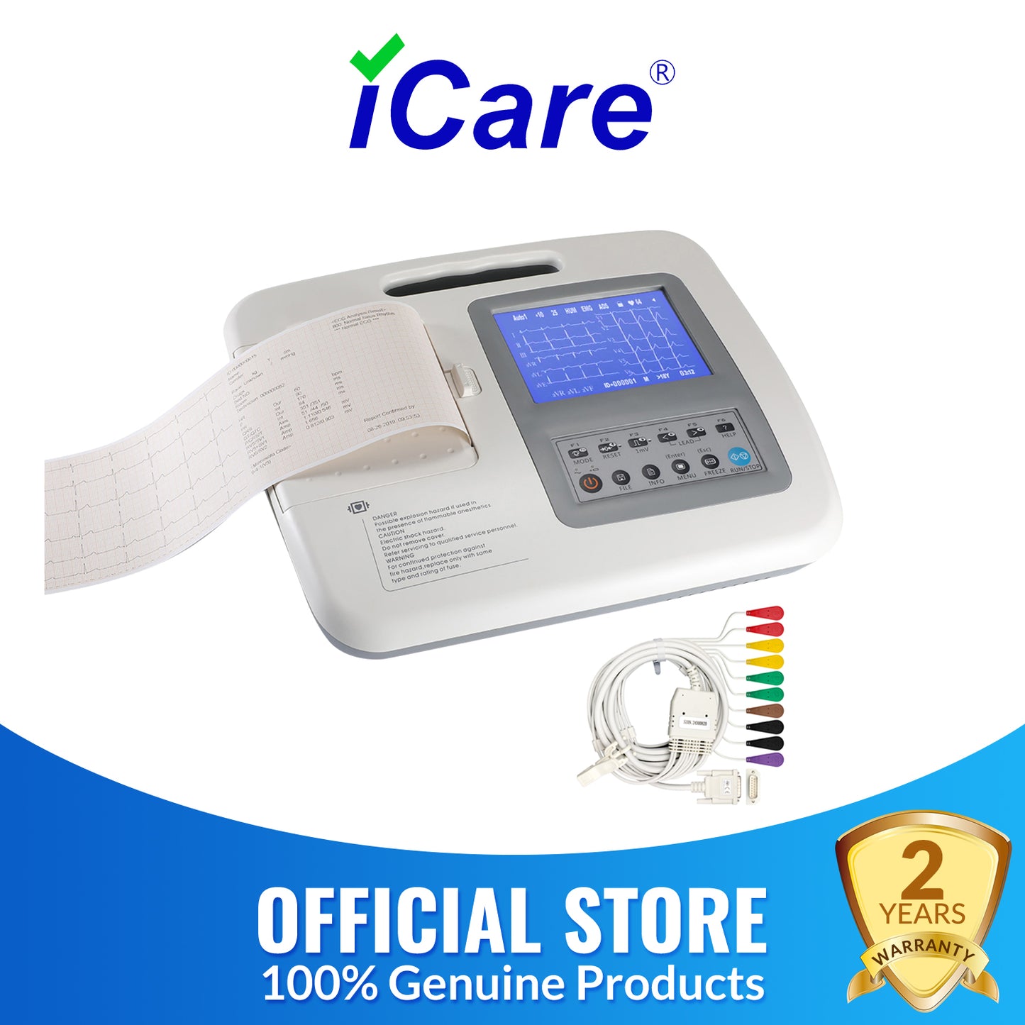 iCare® 1106G Monochrome Screen 6-Channel ECG Machine (Snap Button Type/Bulb & Clamp Type)