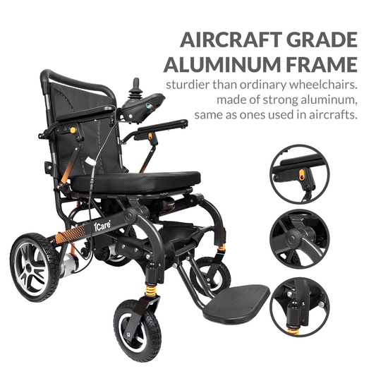 iCare LUX870 Lightweight Aircraft Grade Aluminum Frame Foldable Electric Wheelchair with Removable Lithium Battery
