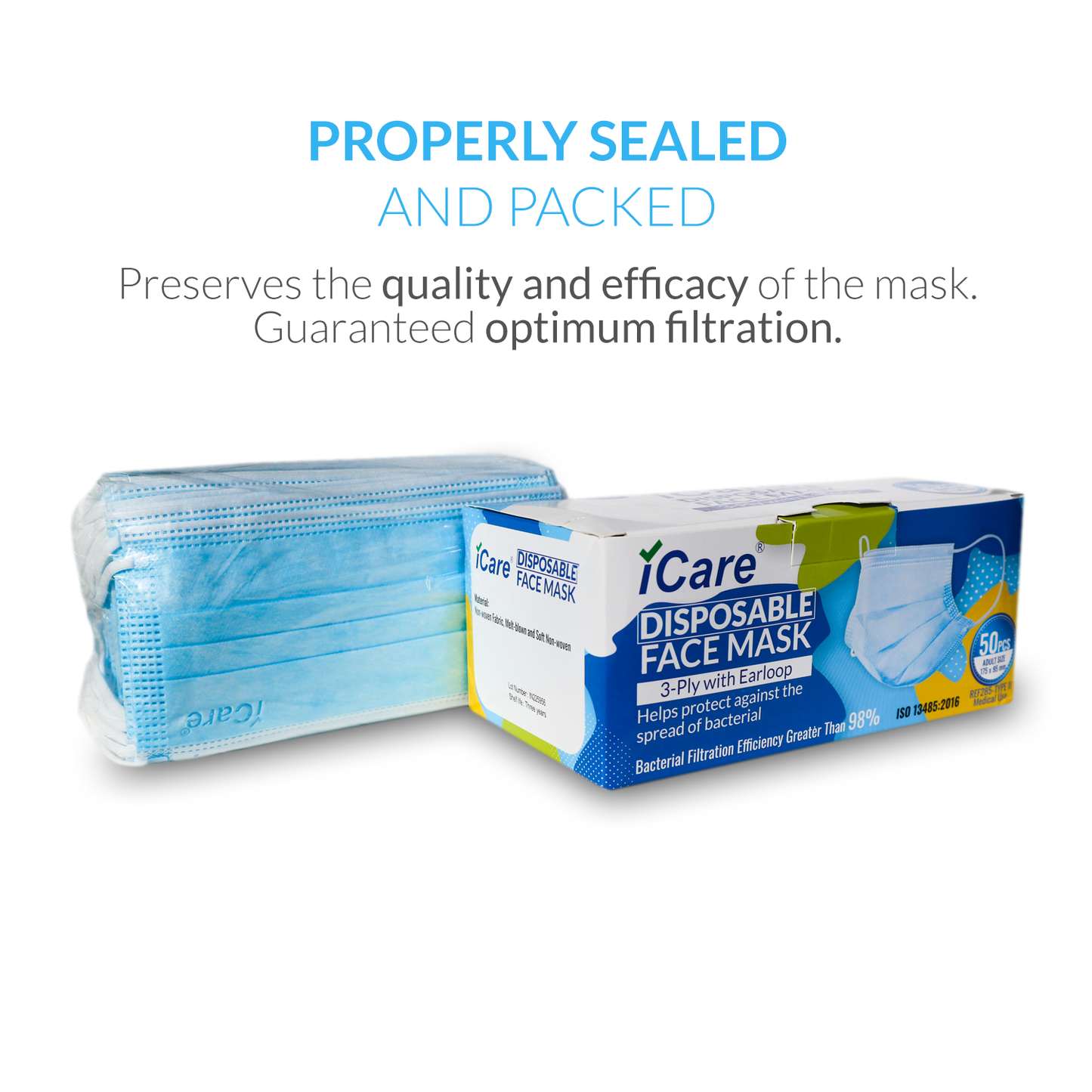iCare® REF285 Disposable Face Mask ( Type II For Medical Use) 5 Boxes(250pcs) with Comfortable Elastic Earloop and Embedded Nose Clip Design, 3ply Breathable Melt-Blown and Non-Woven Fabric for Home, Office and Outdoor