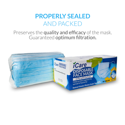 iCare® REF285 Disposable Face Mask ( Type II For Medical Use) 5 Boxes(250pcs) with Comfortable Elastic Earloop and Embedded Nose Clip Design, 3ply Breathable Melt-Blown and Non-Woven Fabric for Home, Office and Outdoor