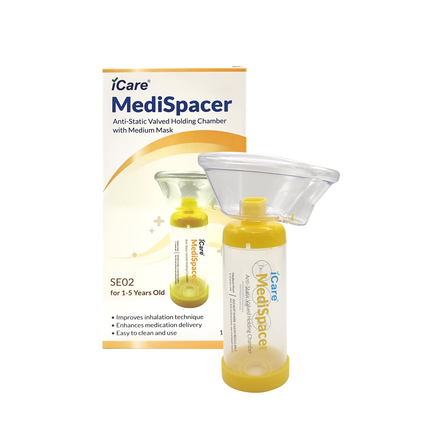 iCare® SE02 MediSpacer Chamber Spacer (NO INHALER INCLUDED) for Kids with Medium Mask, Sealed Package, Clean and Safe, for with your Asthma Inhaler, Ventolin via Chamber Spacer