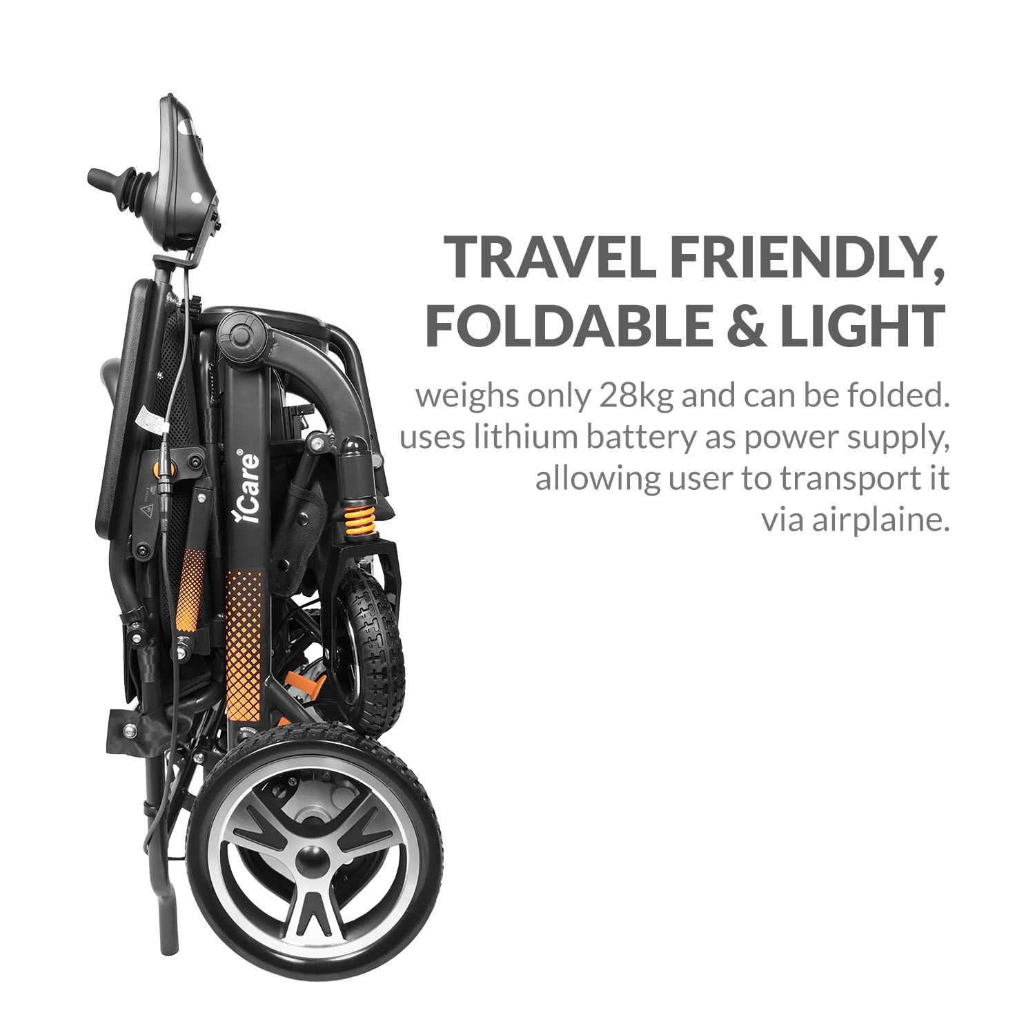 iCare LUX870 Lightweight Aircraft Grade Aluminum Frame Foldable Electric Wheelchair with Removable Lithium Battery
