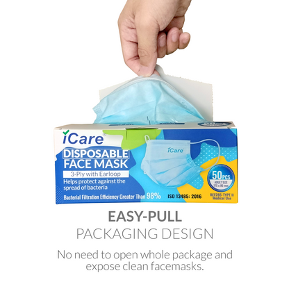 iCare® REF285 Disposable Face Mask ( Type II For Medical Use) 5 Boxes(250pcs) with Comfortable Elastic Earloop and Embedded Nose Clip Design, 3ply Breathable Melt-Blown and Non-Woven Fabric for Home, Office and Outdoor