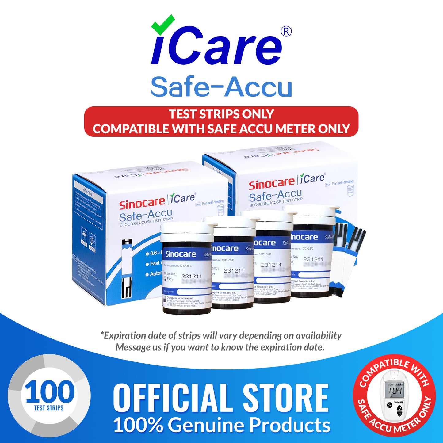 iCare® Safe Accu Glucose Test Strips COMPATIBLE WITH SAFE ACCU GLUCOSE METER ONLY