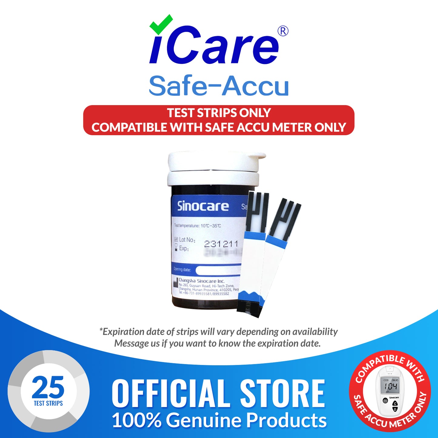 iCare® Safe Accu Glucose Test Strips COMPATIBLE WITH SAFE ACCU GLUCOSE METER ONLY