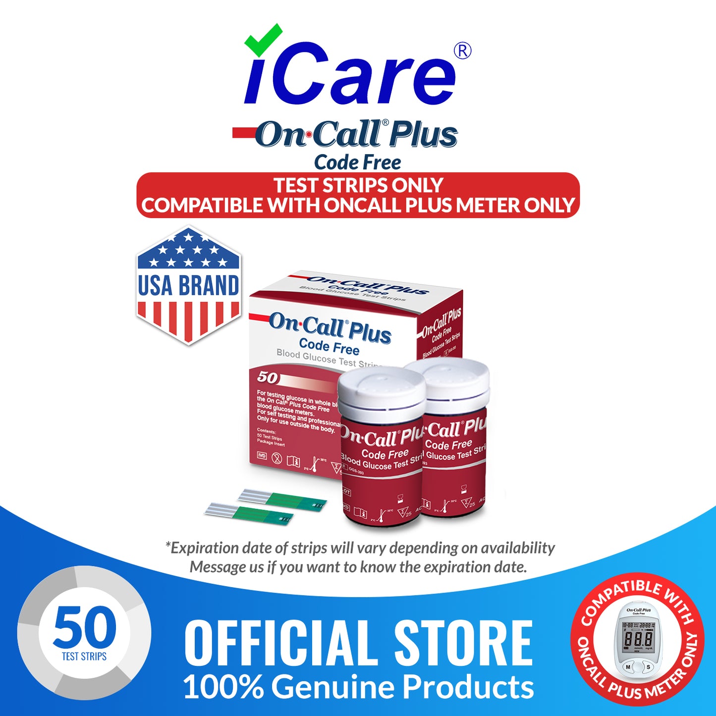 iCare® On Call Plus Code Free Test Strips ONLY COMPATIBLE WITH On Call Plus Code Free GLUCOSE METER SA
