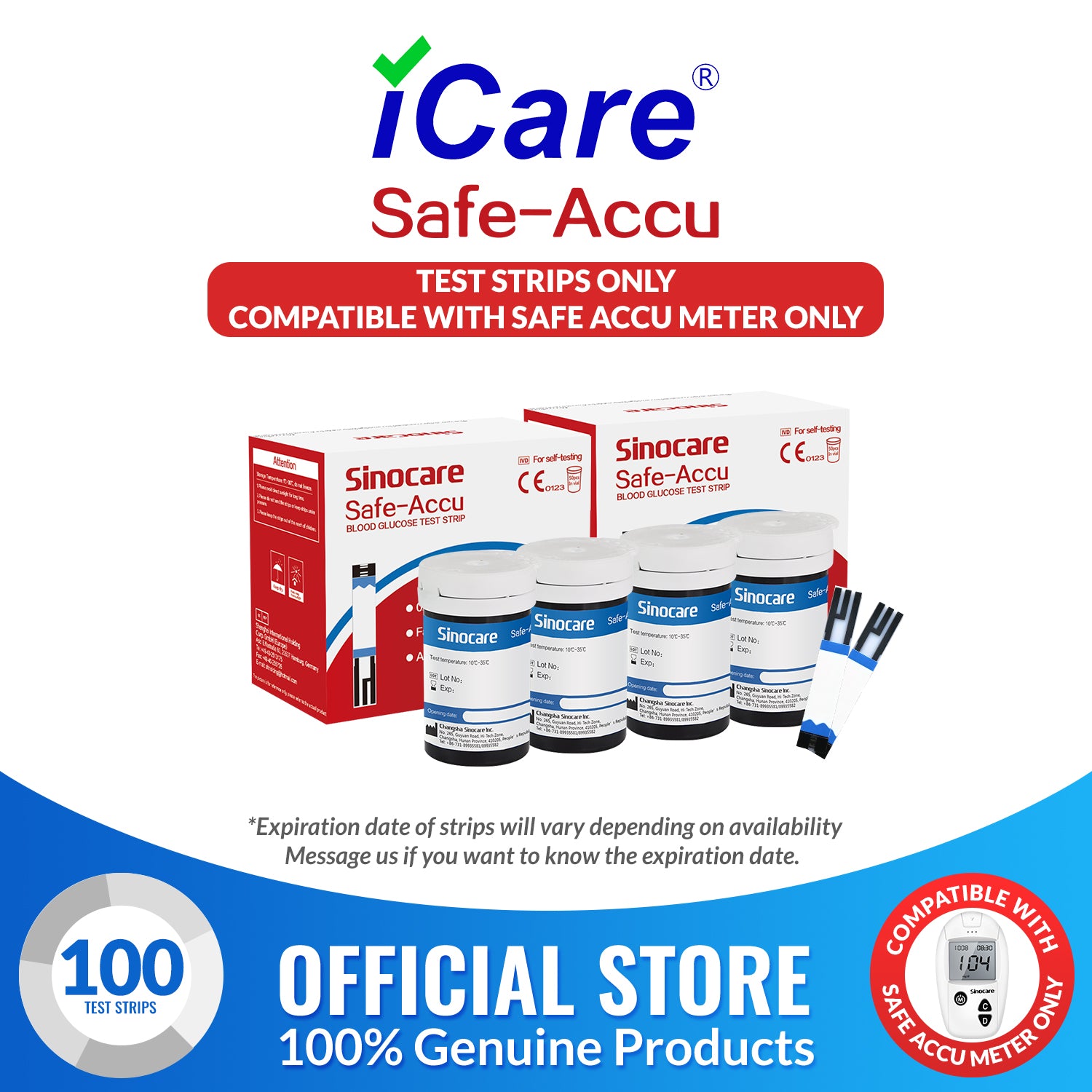 iCare® Safe Accu Glucose Test Strips ONLY COMPATIBLE WITH SAFE ACCU GLUCOSE METER SA