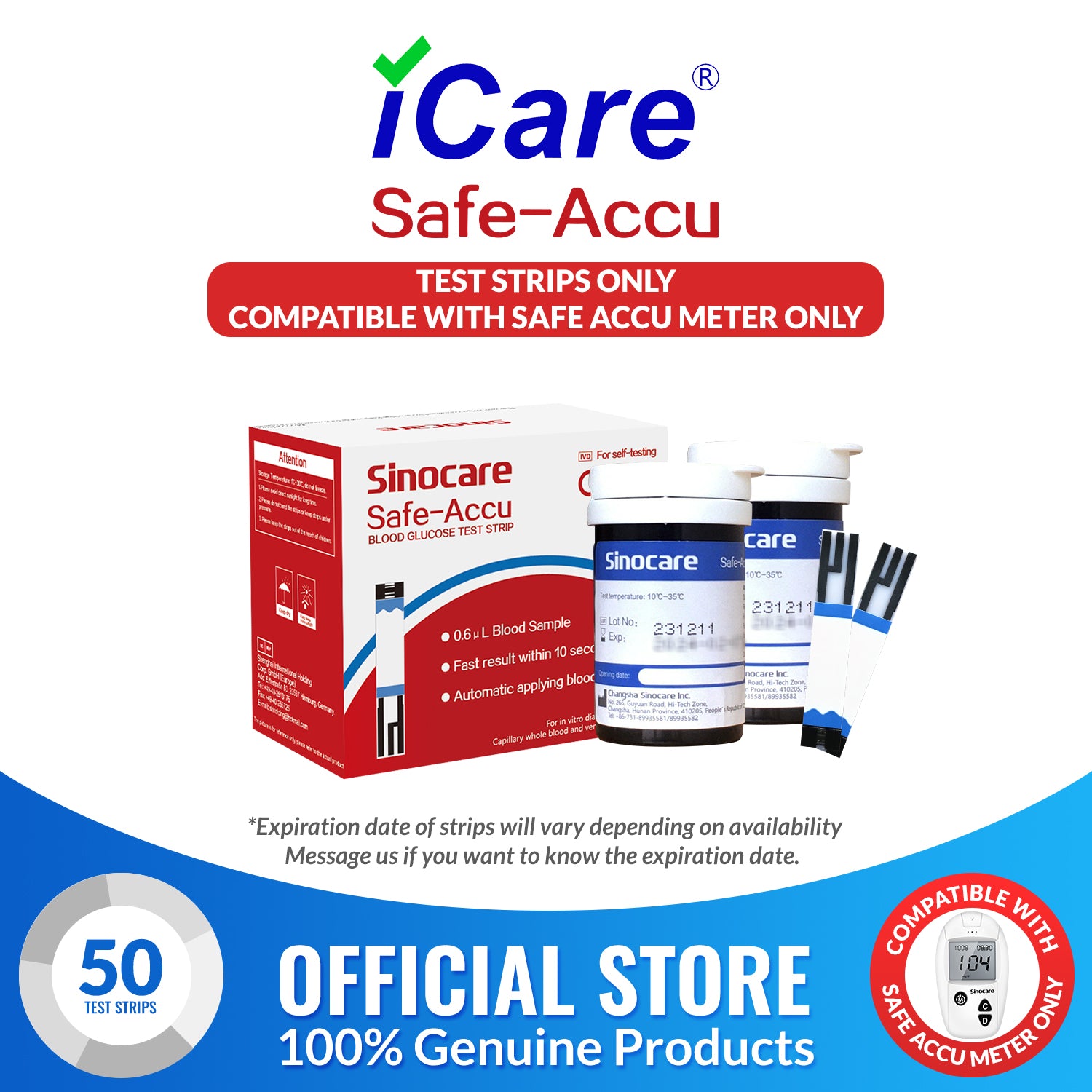 iCare® Safe Accu Glucose Test Strips ONLY COMPATIBLE WITH SAFE ACCU GLUCOSE METER SA