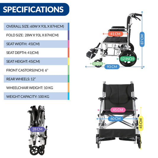 iCare® MA111 Guide Aluminum Manual Wheelchair with Handle Brakes, Aluminum frame and Anti-Slip foot pedals for Disabled and Elderly