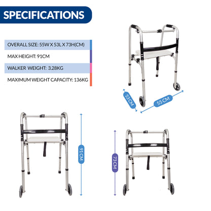 iCare® AW110SP Walkmate Foldable Aluminum Walker with Attachable SeatPad, Aluminum Main Frame, Heigh Adjustable Tube and Push Button Folding Mechanism Walking Aid and Injury Support