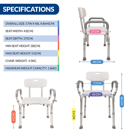 iCare® SC210 DualEase Aluminum Shower Chair Convertible to Commode, Rust Resistant Materials, and Lightweight for Disabled and Elderly