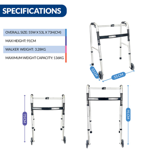 iCare AW109 Walkmate Foldable Aluminum Walker with Aluminum Main Frame, Heigh Adjustable Tube and Push Button Folding Mechanism Walking Aid and Injury Support