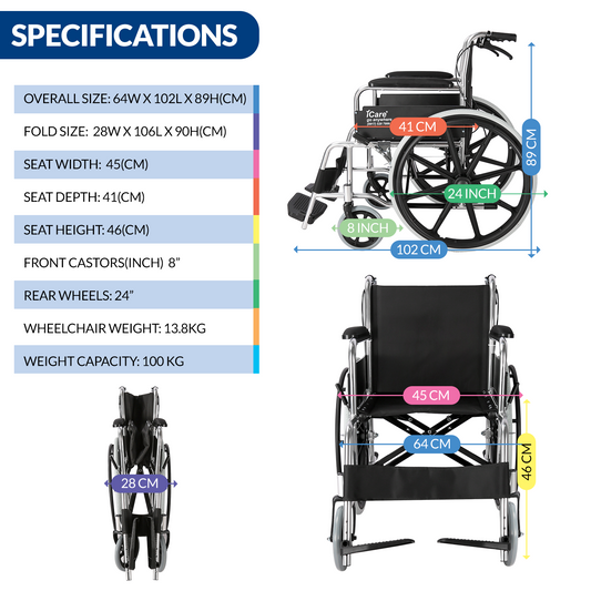 iCare® MA110 Lite Aluminum Manual Wheelchair with Handle brakes, Fixed Anti-Slip Pedals and Self-Propel Design for Disabled and Elderly