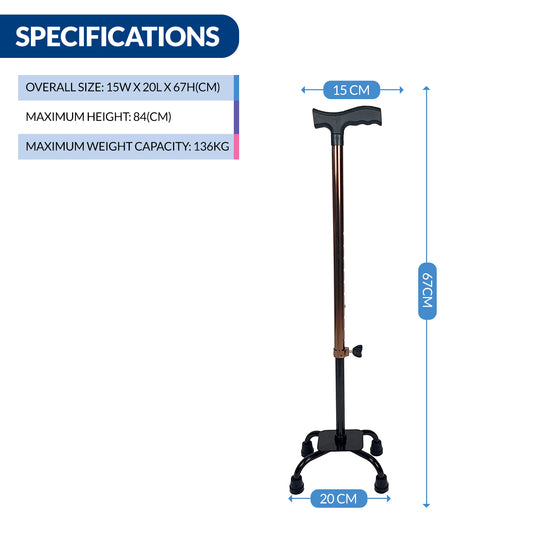 iCare® WS010 QuadPro with 4 Legs, Height Adjustable Tube, Ergonomic Handle and Anti-Slip Tips for Disabled and Elderly.