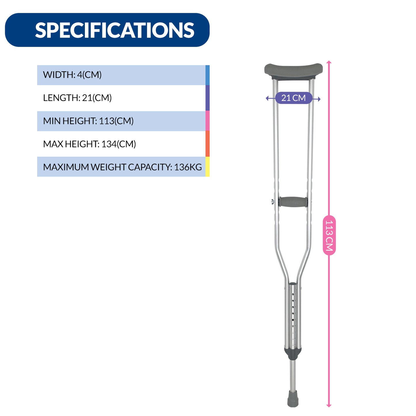 iCare® UC110 StepAid Aluminum Crutch with Adjustable Hand Grip, Adjustable Length and Anti-Slip Tip for Disability and Injury Support
