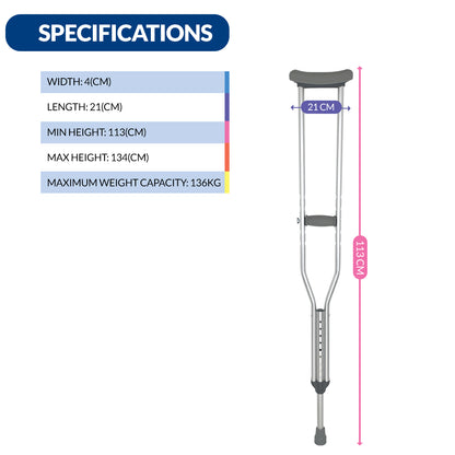 iCare® UC110 StepAid Aluminum Crutch with Adjustable Hand Grip, Adjustable Length and Anti-Slip Tip for Disability and Injury Support