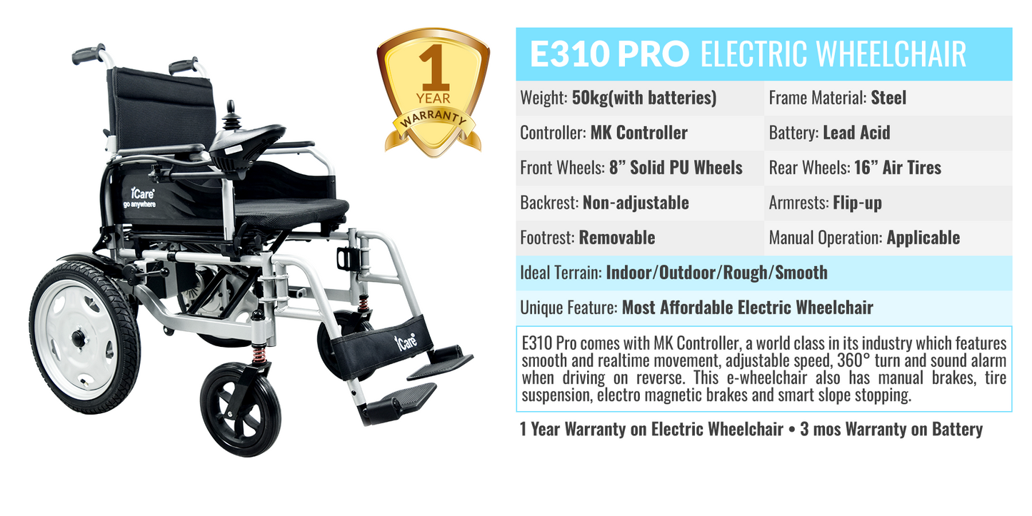 iCare® E310 Pro Electric Wheelchair HEAVY DUTY (110kg Load Limit, 50kg Wheelchair Weight)