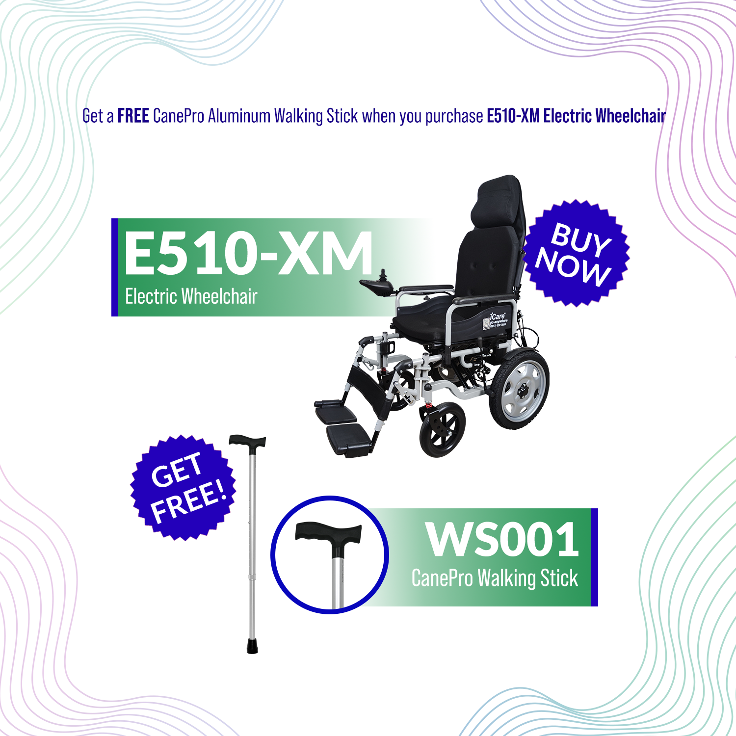 iCare® E510-XM Adjustable Electric Wheelchair(110kg Load Limit, 50kg Wheelchair Weight)