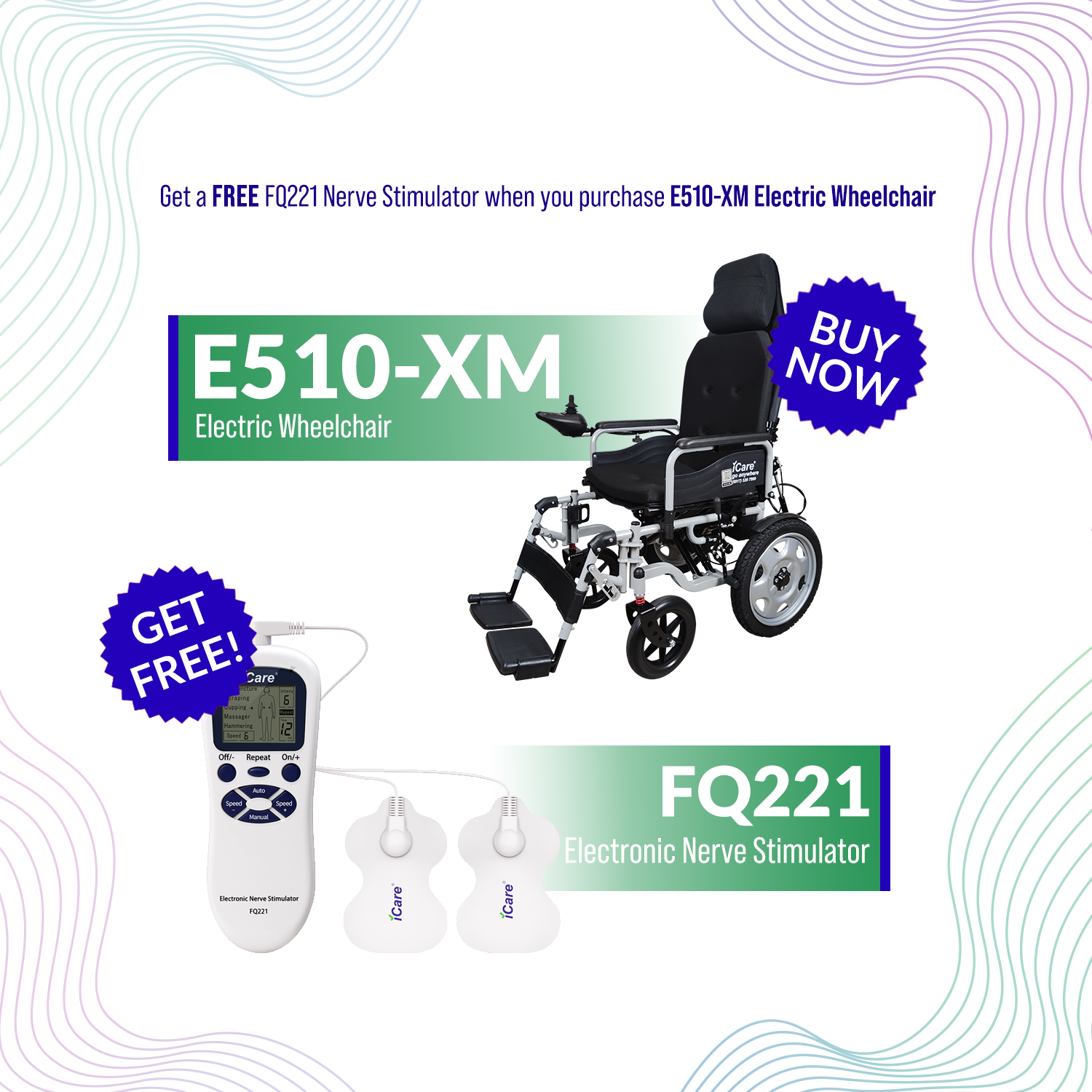 iCare® E510-XM Adjustable Electric Wheelchair(110kg Load Limit, 50kg Wheelchair Weight)