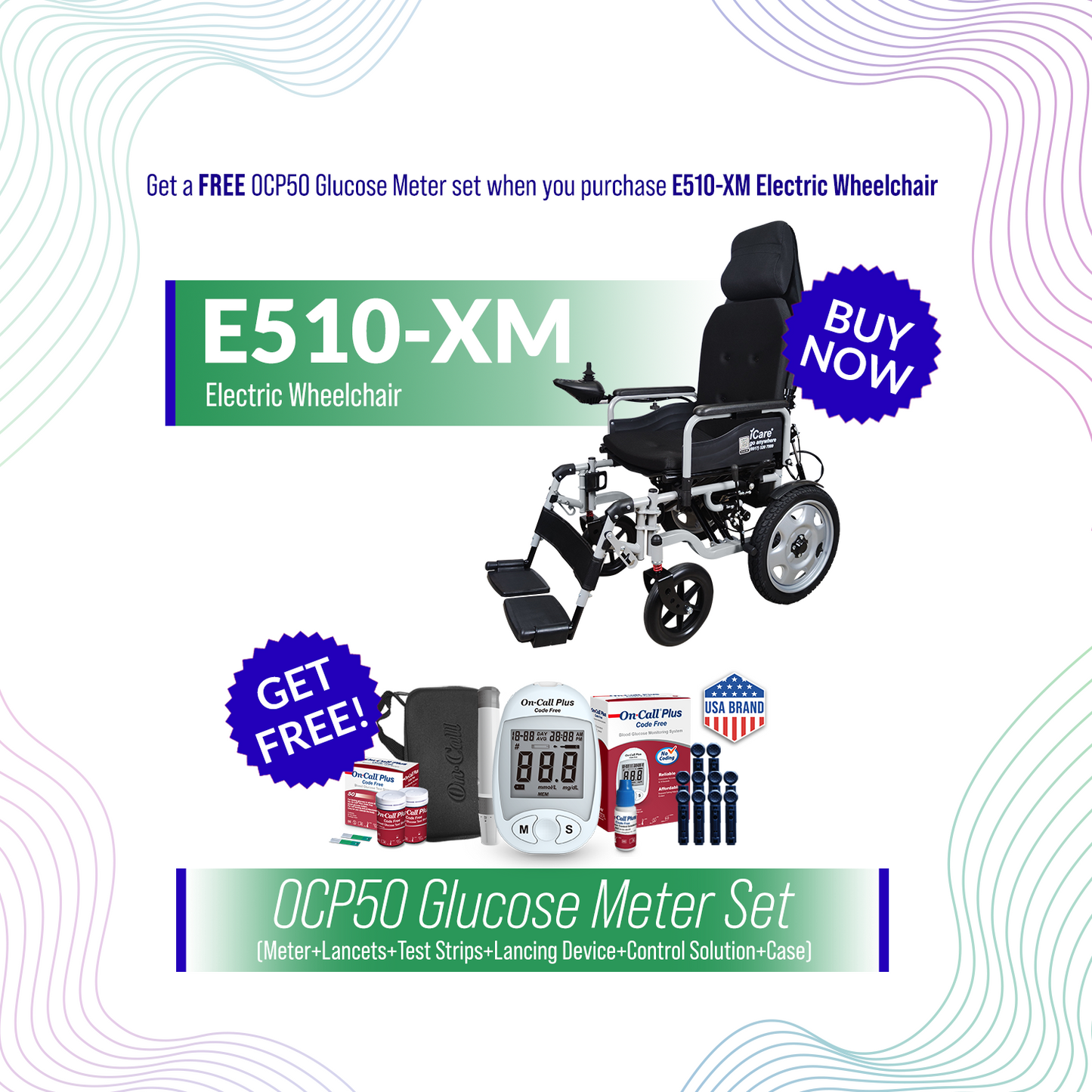 iCare® E510-XM Adjustable Electric Wheelchair(110kg Load Limit, 50kg Wheelchair Weight)