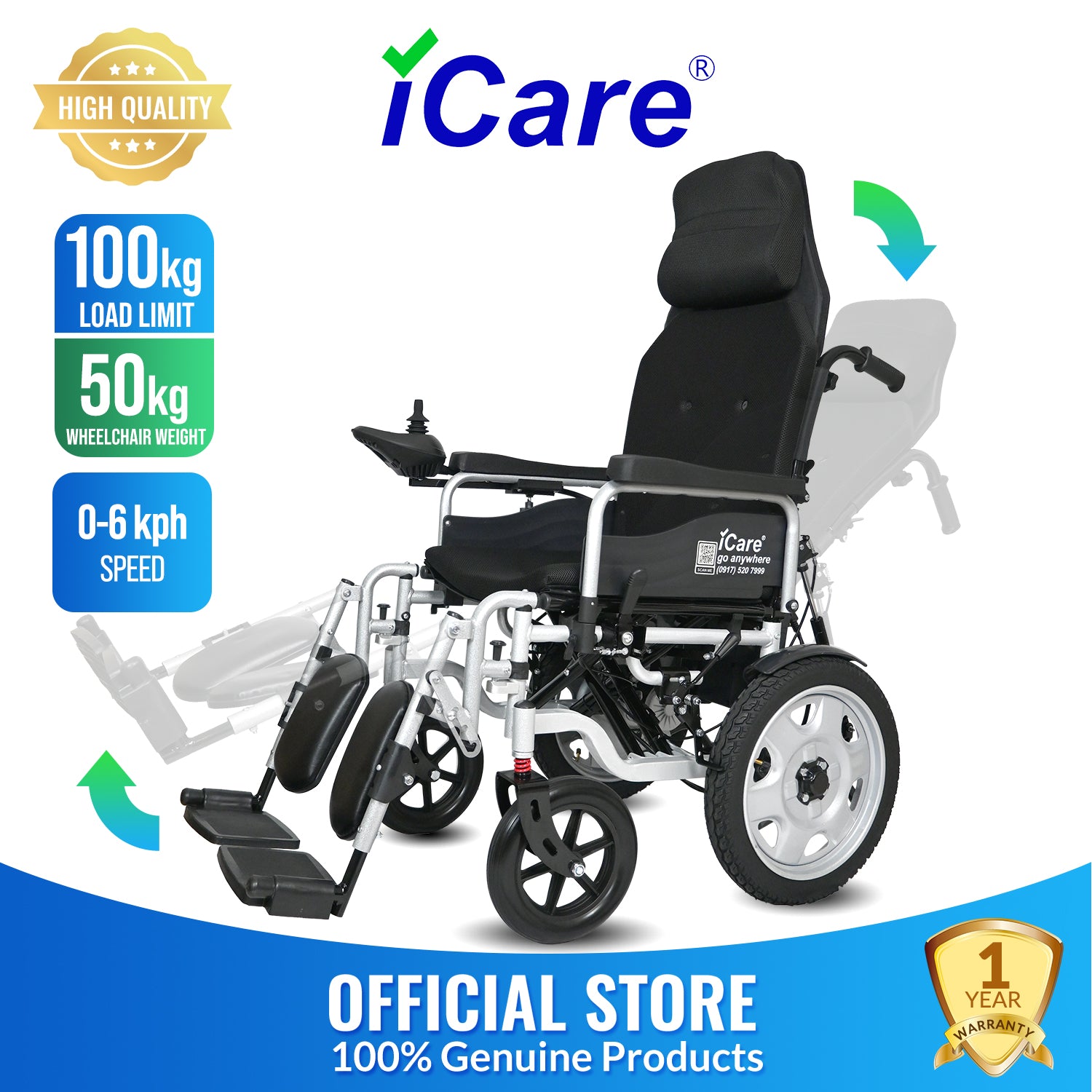 iCare® E510-XM Adjustable Electric Wheelchair(110kg Load Limit, 50kg Wheelchair Weight)