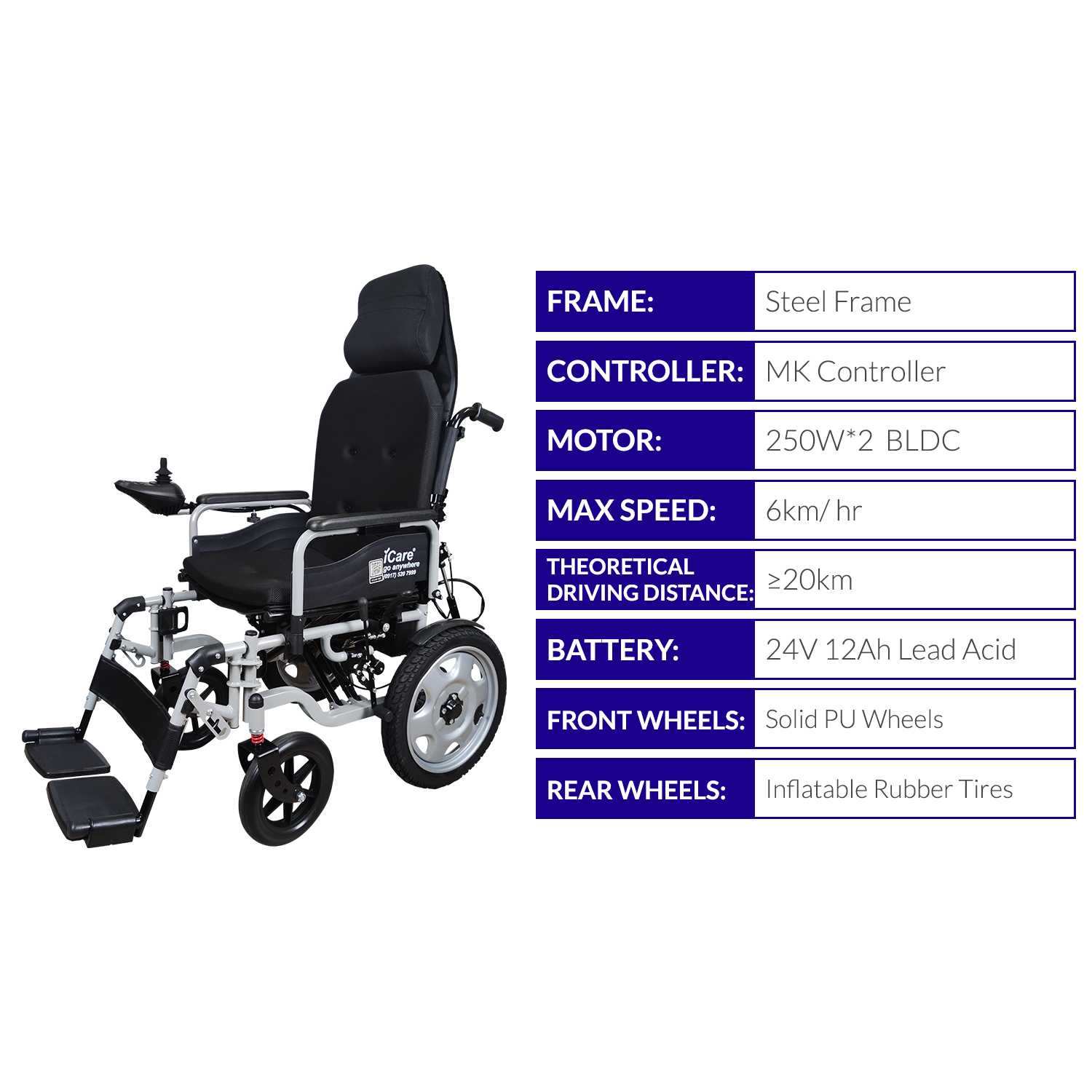 iCare® E510-XM Adjustable Electric Wheelchair(110kg Load Limit, 50kg Wheelchair Weight)
