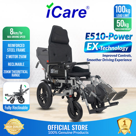 iCare® E510 Power New Model Adjustable Electric Wheelchair(110kg Load Limit, 50kg Wheelchair Weight)