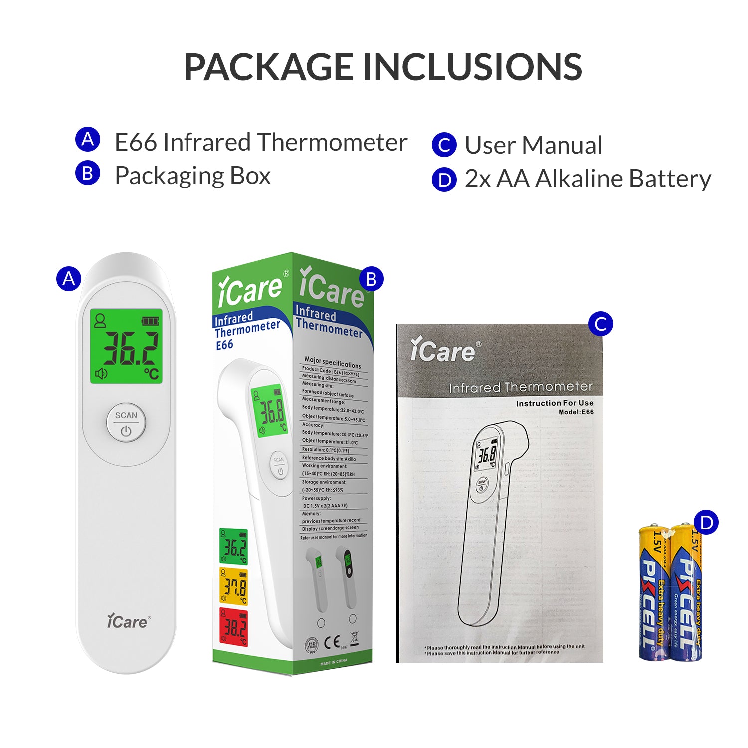 iCare Bundle 1 CK238 Digital BP Monitor + E66 Infrared Forehead Thermometer + OX001 Pulse Oximeter