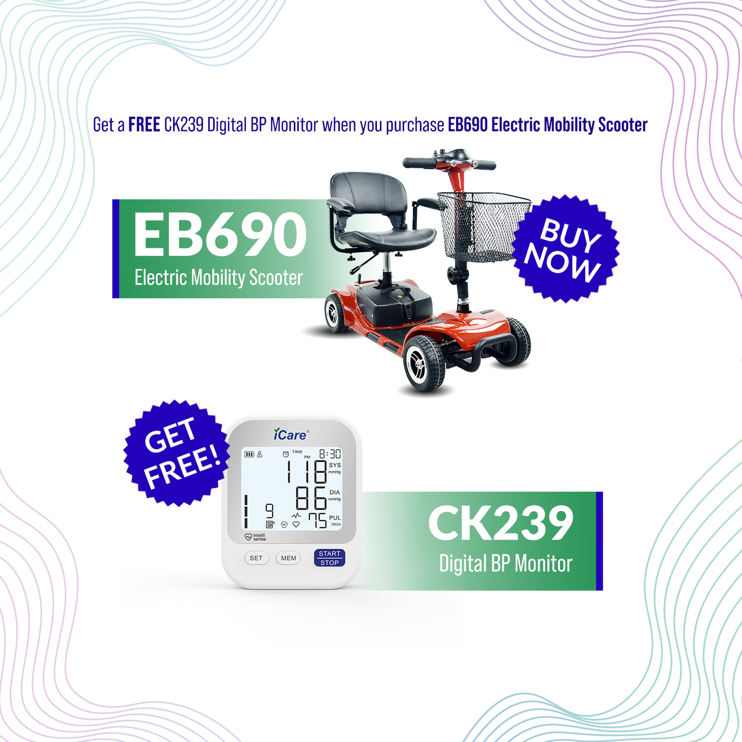 iCare® EB690 Electric Mobility Scooter - Wheelchair (100kg Load Limit, 50kg Wheelchair Weight)