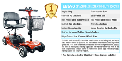 iCare® EB690 Electric Mobility Scooter - Wheelchair (100kg Load Limit, 50kg Wheelchair Weight)