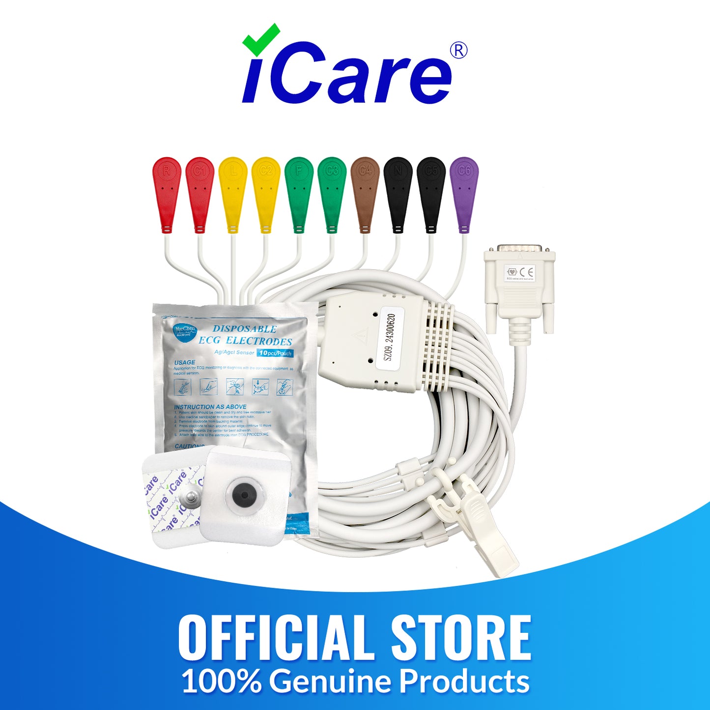iCare® ECG Cables(Snap Button Type) with 1pack ECG Electrode Pads