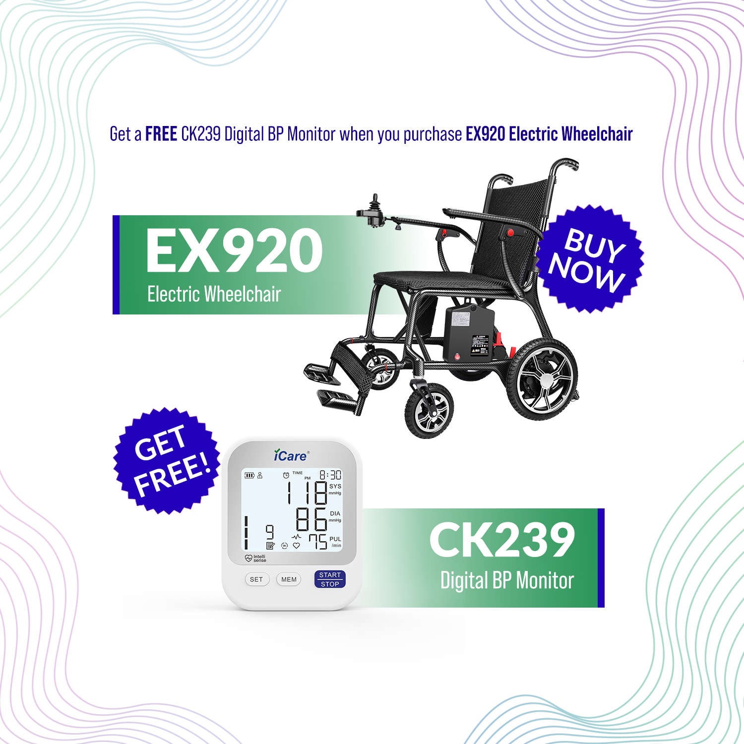 iCare EX920 Lightweight Foldable Electric Wheelchair with Carbon Fiber Frame