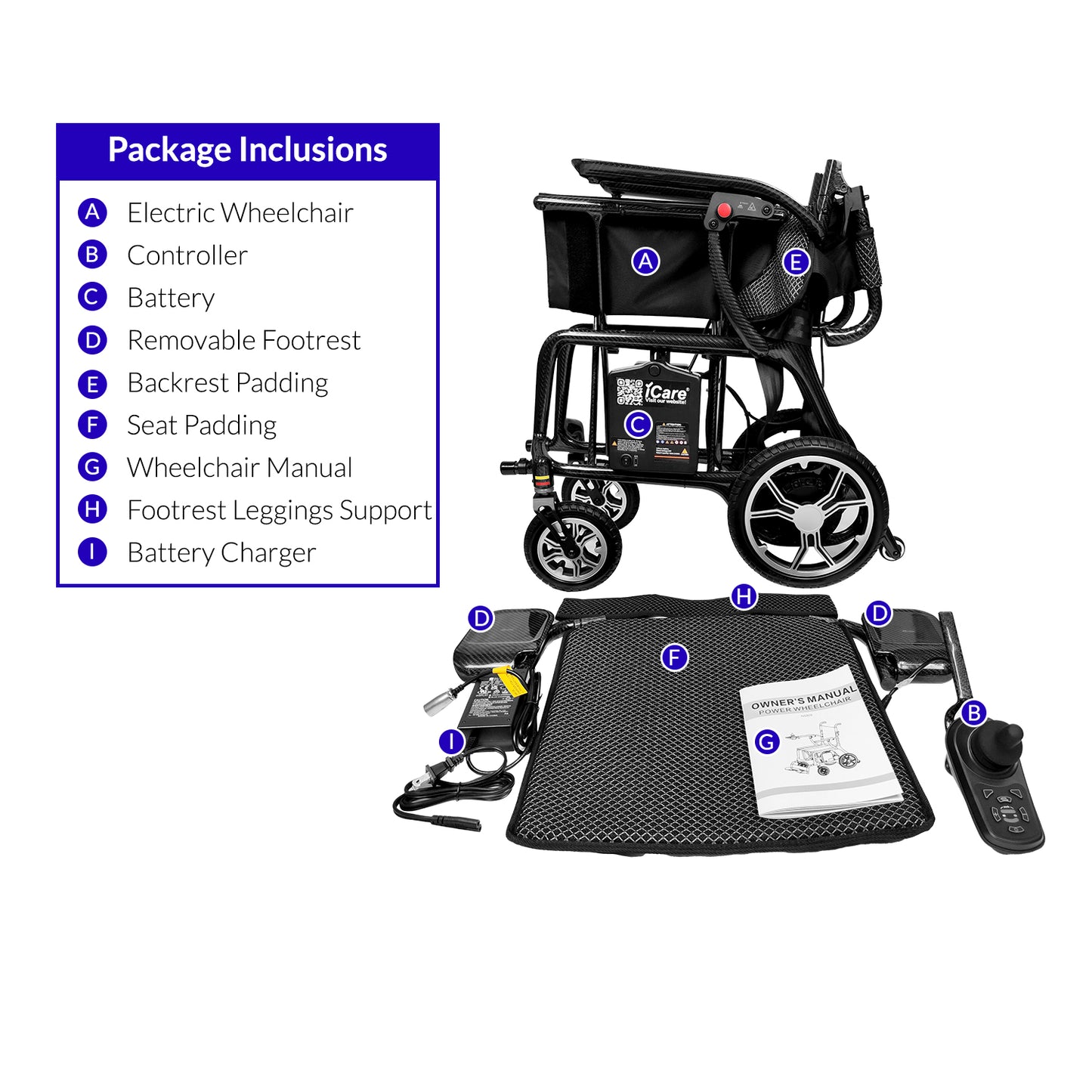 iCare EX920 Lightweight Foldable Electric Wheelchair with Carbon Fiber Frame