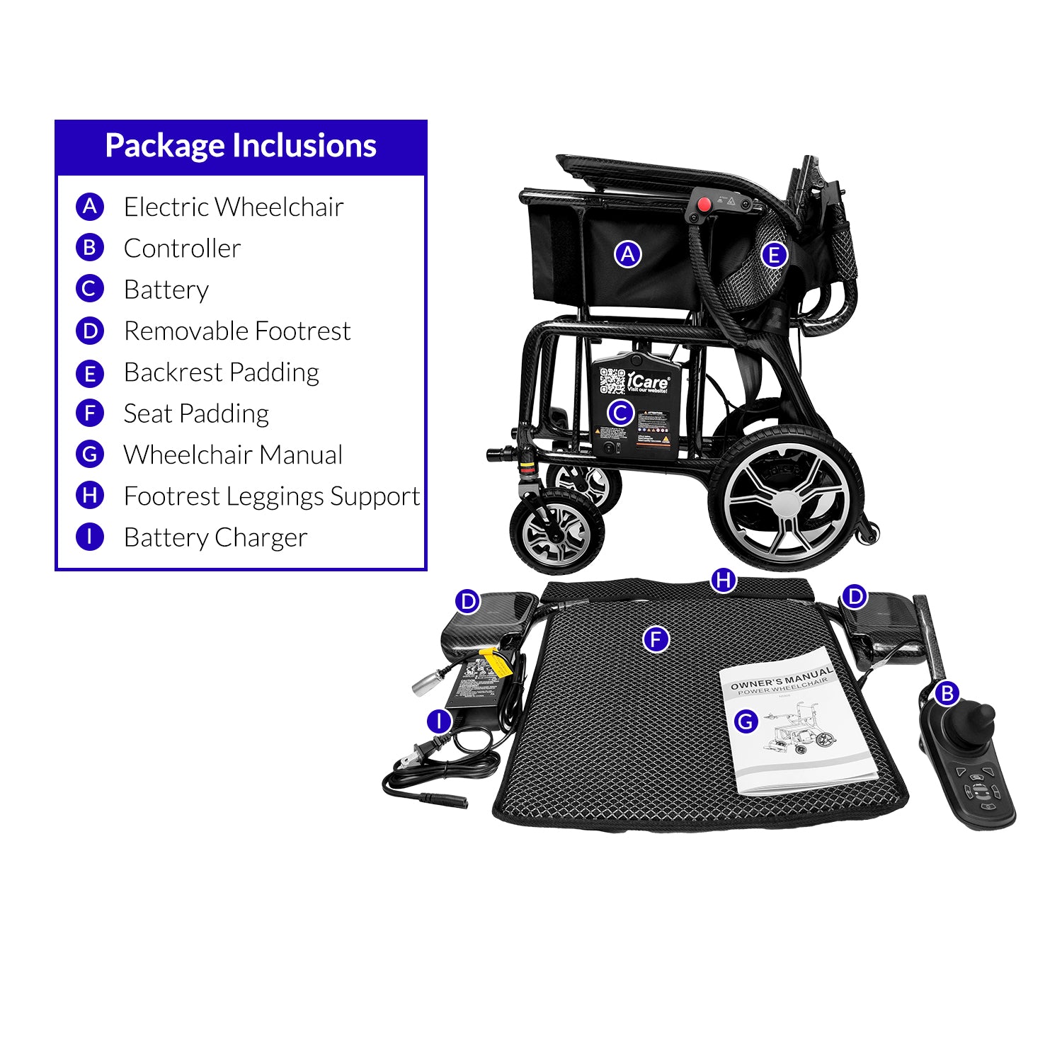 iCare EX920 Lightweight Foldable Electric Wheelchair with Carbon Fiber Frame