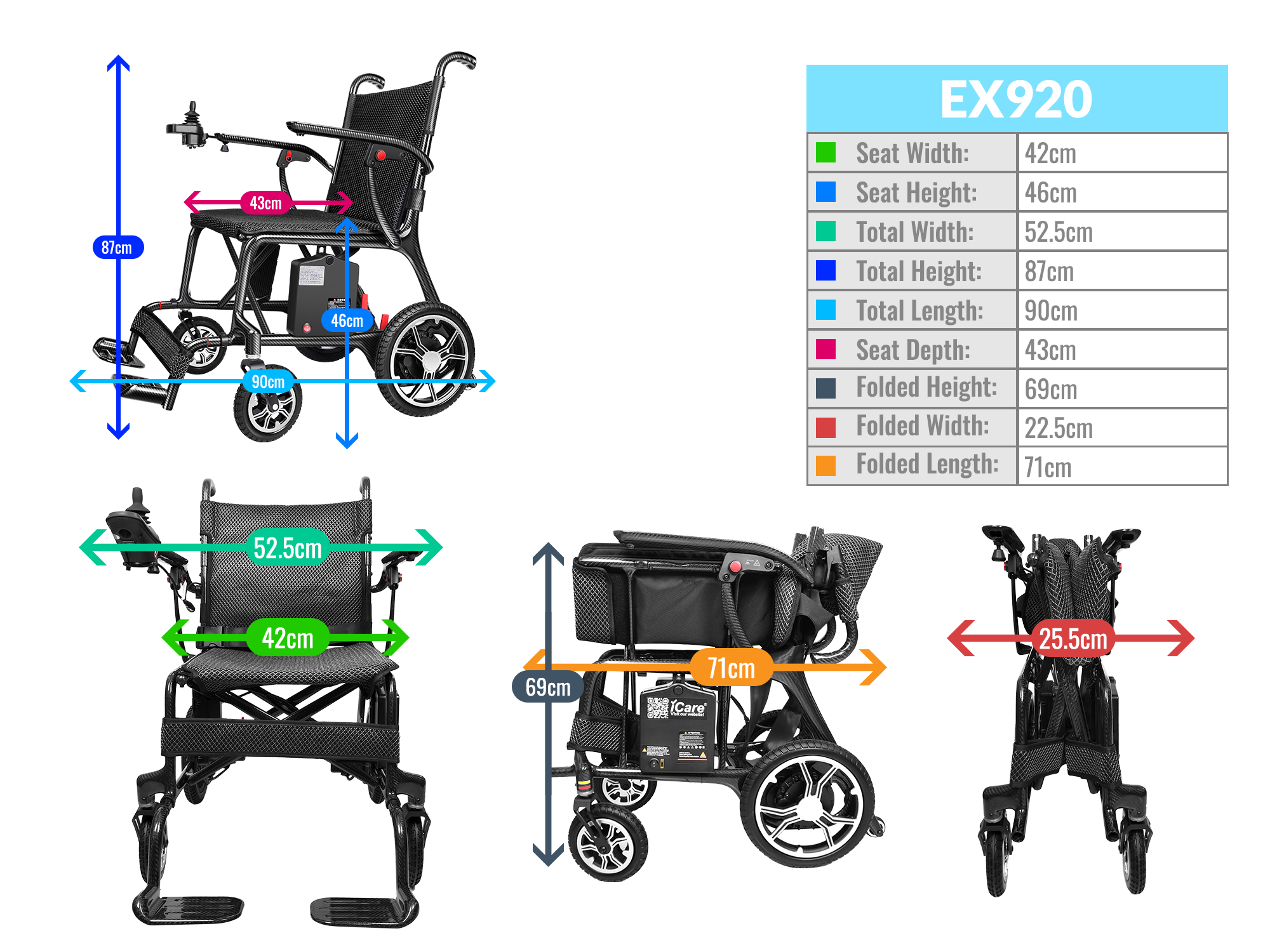 iCare EX920 Lightweight Foldable Electric Wheelchair with Carbon Fiber Frame
