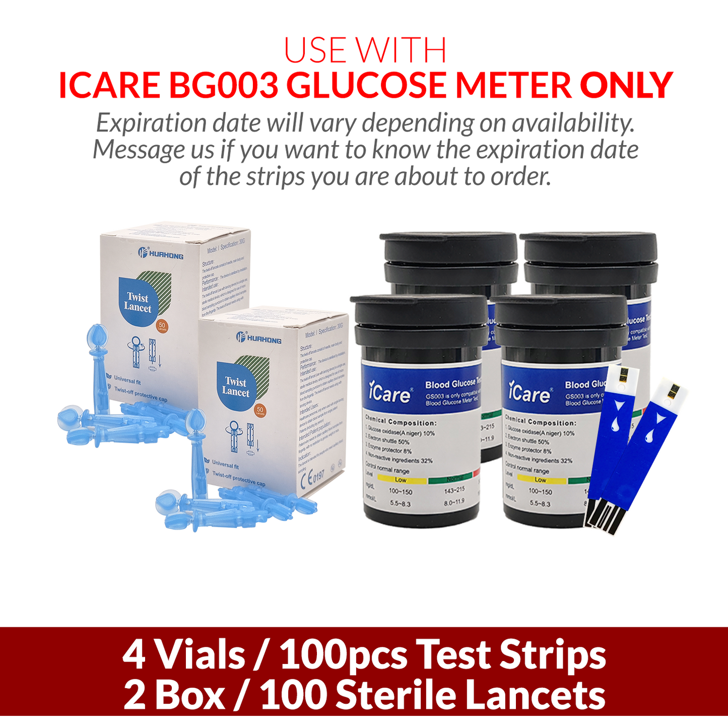 iCare BS003 100pcs Test Strips & 100pcs Lancets Compatible with BG003 Blood Glucose Meter ONLY