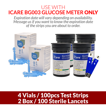iCare BS003 100pcs Test Strips & 100pcs Lancets Compatible with BG003 Blood Glucose Meter ONLY