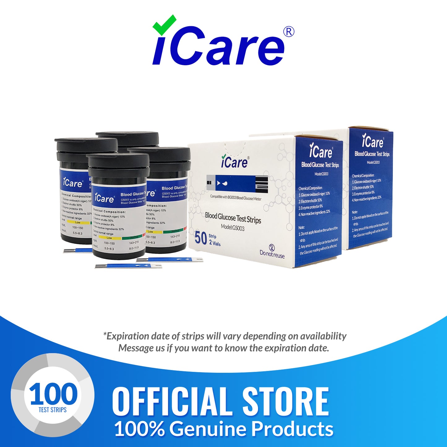iCare BS003 100pcs Test Strips Compatible with BG003 Blood Glucose Meter ONLY