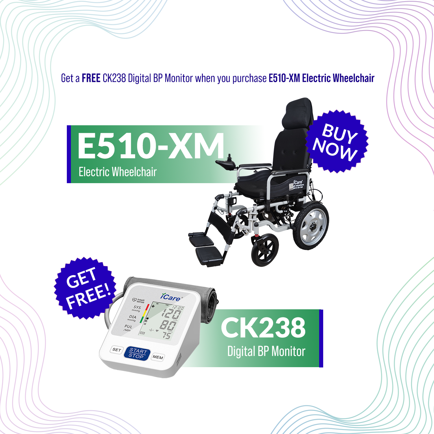iCare® E510-XM Adjustable Electric Wheelchair(110kg Load Limit, 50kg Wheelchair Weight)