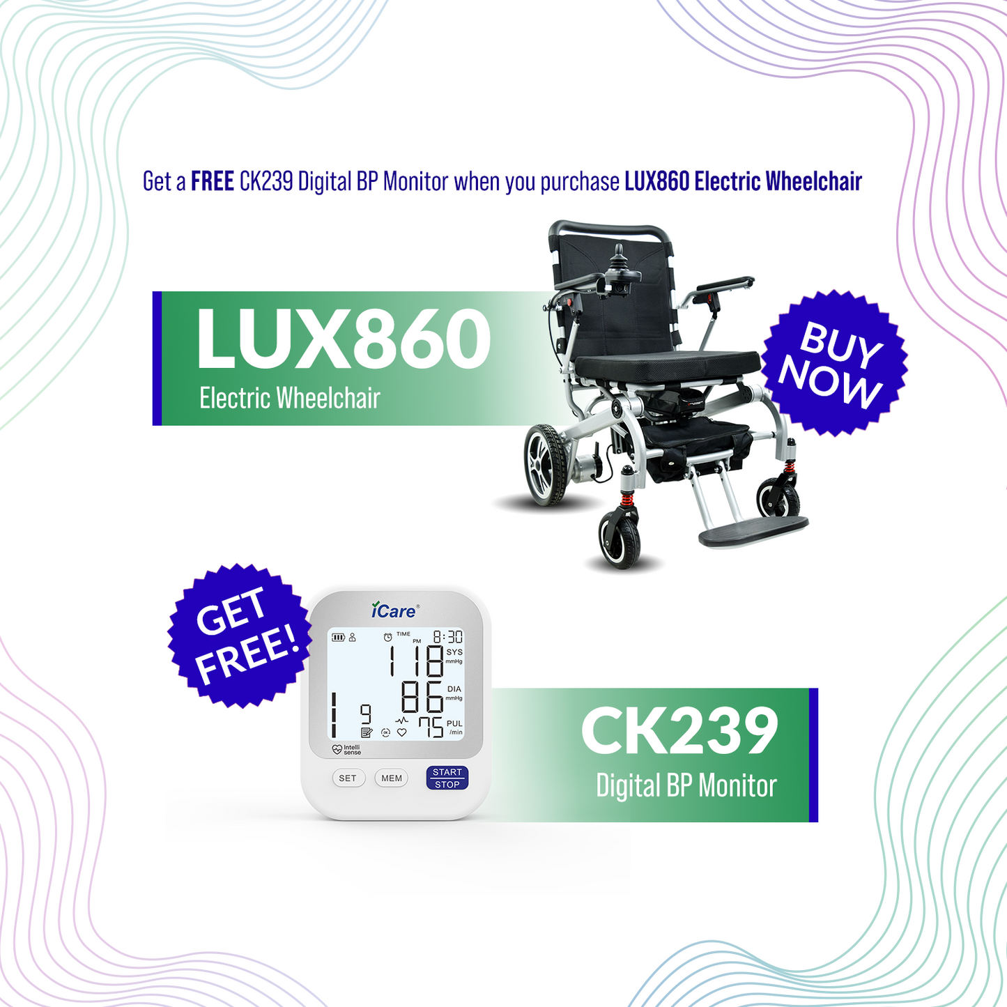 iCare® LUX860 Foldable Electric Wheelchair Aircraft-Grade Aluminum Frame (100kg Load Limit, 28kg Wheelchair Weight)
