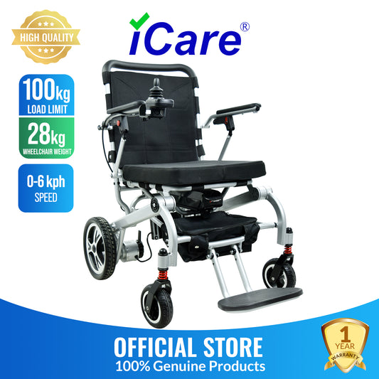 iCare® LUX860 Foldable Electric Wheelchair Aircraft-Grade Aluminum Frame (100kg Load Limit, 28kg Wheelchair Weight)