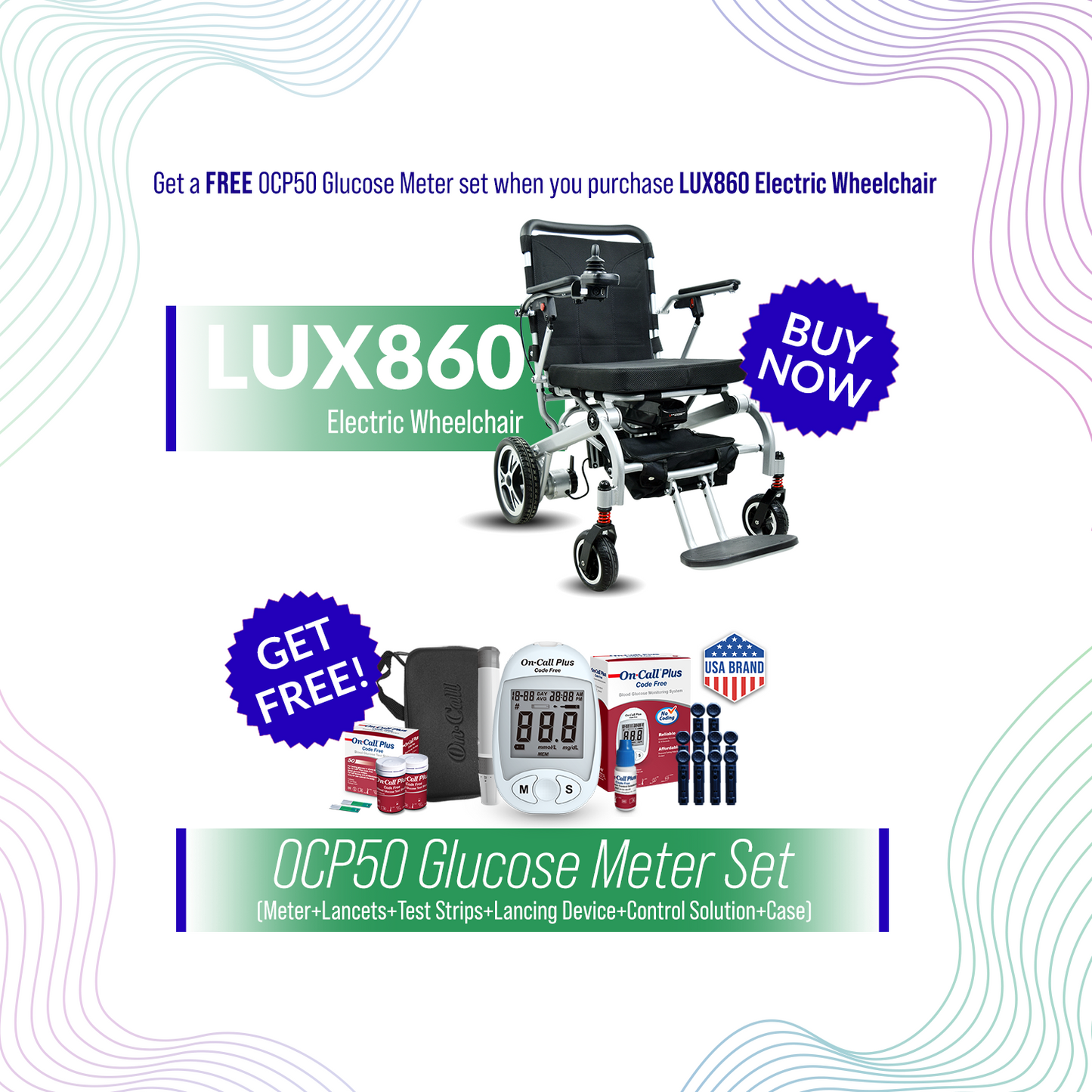 iCare® LUX860 Foldable Electric Wheelchair Aircraft-Grade Aluminum Frame (100kg Load Limit, 28kg Wheelchair Weight)