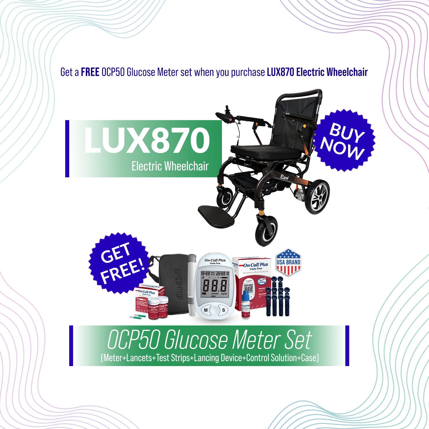 iCare LUX870 Lightweight Aircraft Grade Aluminum Frame Foldable Electric Wheelchair with Removable Lithium Battery