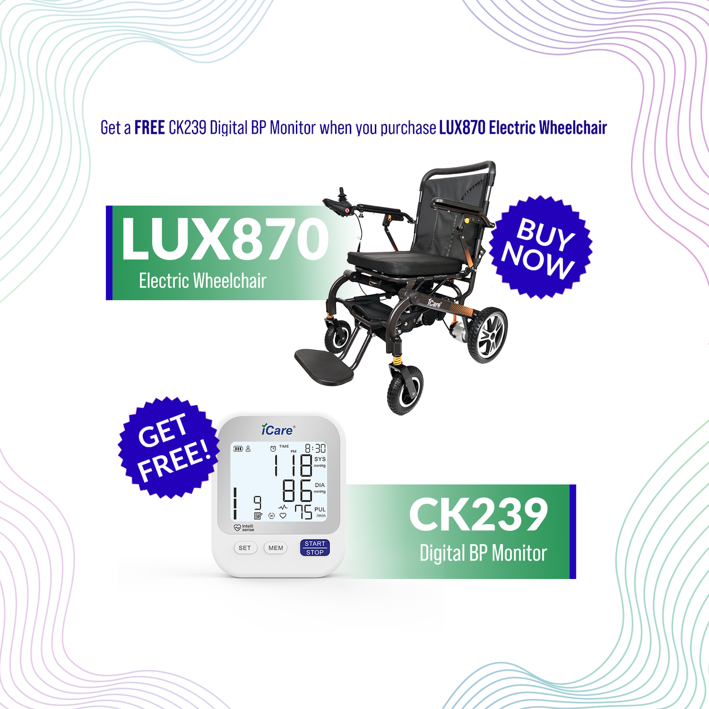 iCare LUX870 Lightweight Aircraft Grade Aluminum Frame Foldable Electric Wheelchair with Removable Lithium Battery