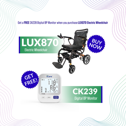 iCare LUX870 Lightweight Aircraft Grade Aluminum Frame Foldable Electric Wheelchair with Removable Lithium Battery
