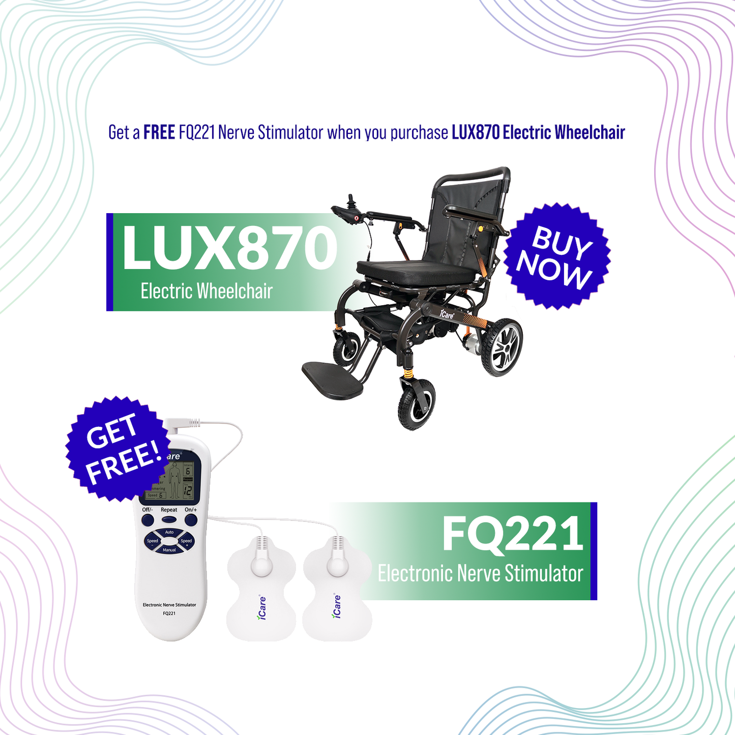 iCare LUX870 Lightweight Aircraft Grade Aluminum Frame Foldable Electric Wheelchair with Removable Lithium Battery