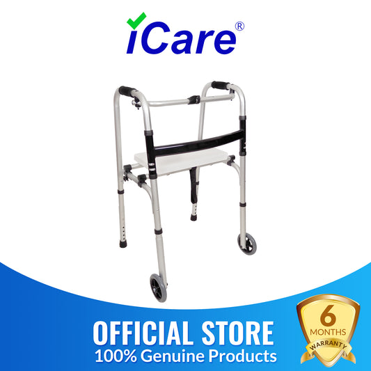 iCare® AW110SP Walkmate Foldable Aluminum Walker with Attachable SeatPad, Aluminum Main Frame, Heigh Adjustable Tube and Push Button Folding Mechanism Walking Aid and Injury Support
