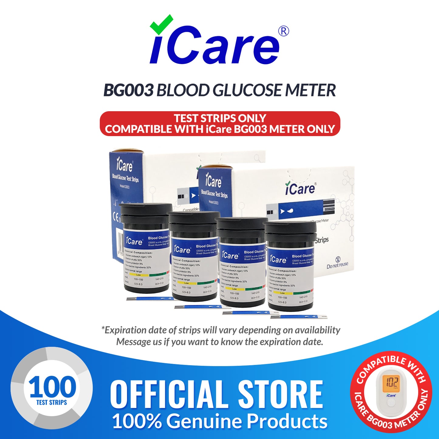 iCare BS003 100pcs Test Strips Compatible with BG003 Blood Glucose Meter ONLY